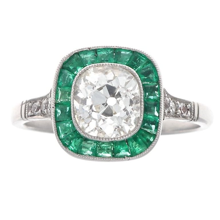 1st Dibs Art Deco Revival 1.22 Carat Old Mine Cut Diamond Emerald Platinum Ring