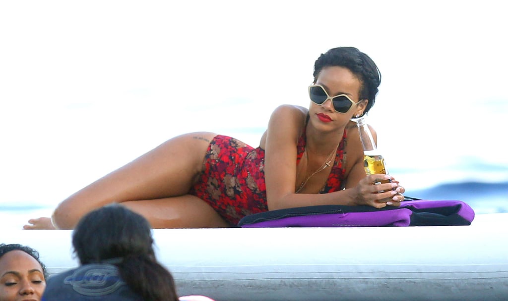 Rihanna looked glamorous while enjoying a beer in the Mediterranean Sea in July 2012.