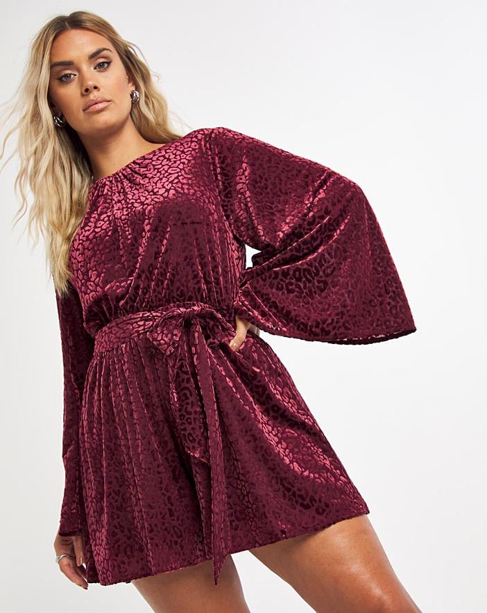 Simply Be Wine Velour Burnout Leopard Playsuit