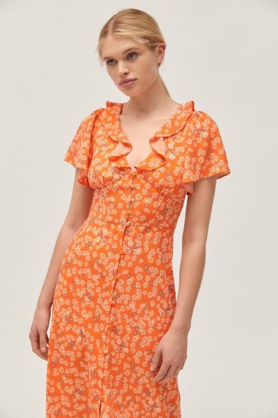 Urban Outfitters Heart Melter Button-Front Ruffle Midi Dress