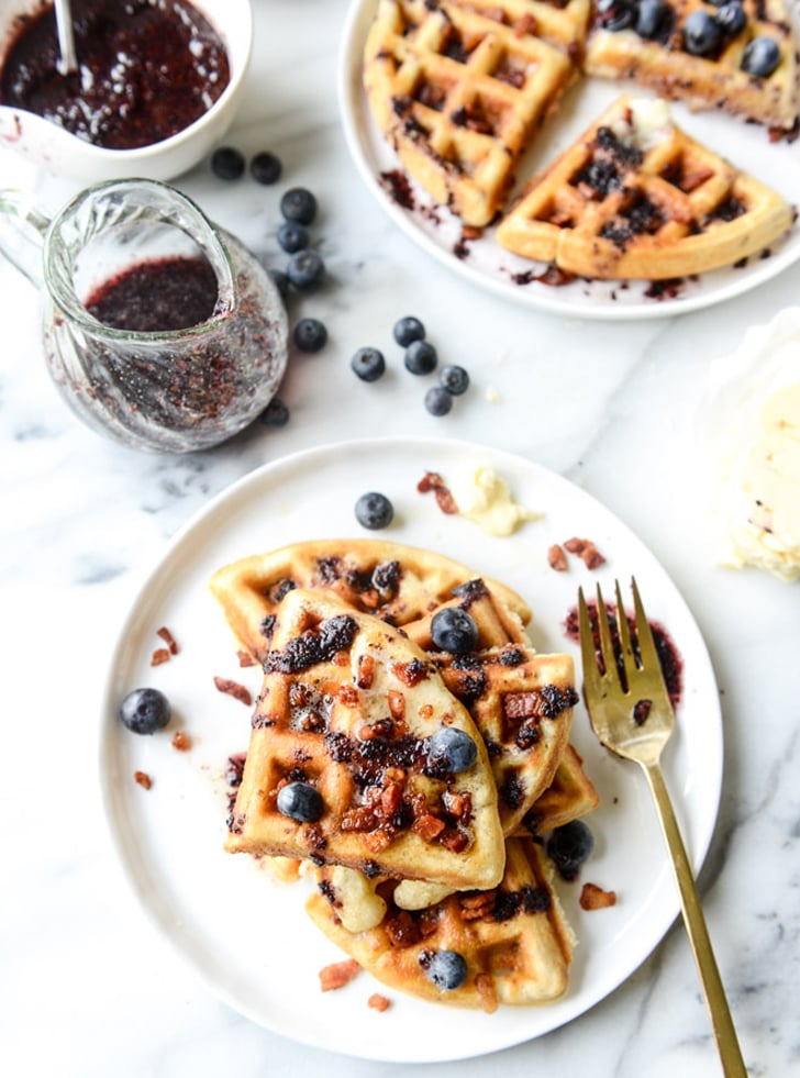 Bacon Waffles With Bourbon Butter and Blueberry Syrup