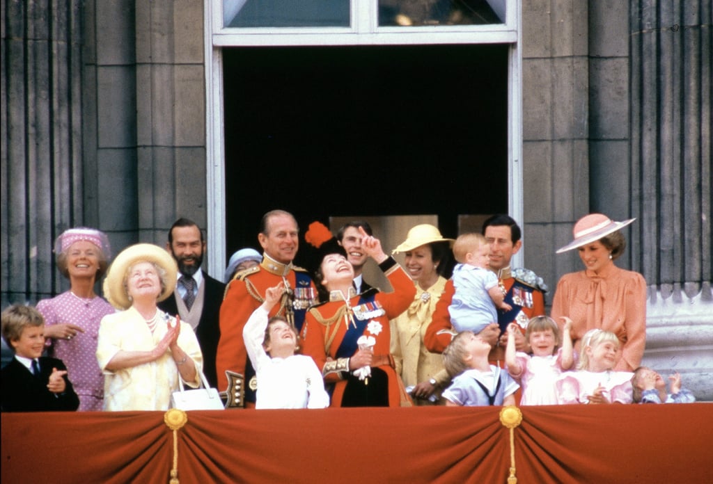 Prince William and Prince Harry watched the ceremonies of the Trooping the Colour at Buckingham Palace in June 1985 with their extended family, as well as mom Princess Diana and dad Prince Charles.