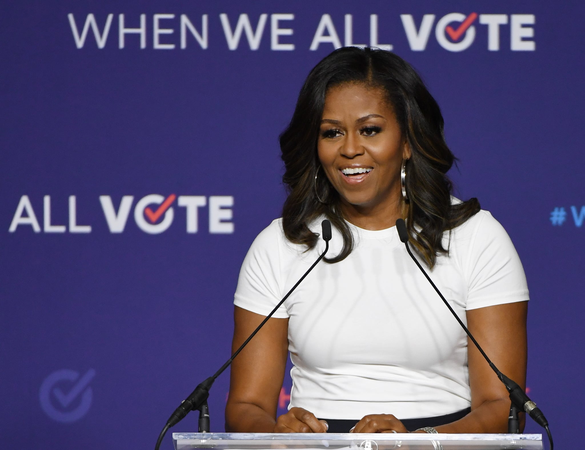 LAS VEGAS, NV - SEPTEMBER 23:  Former first lady Michelle Obama speaks during a rally for When We All Vote's National Week of Action at Chaparral High School on September 23, 2018 in Las Vegas, Nevada. Obama is the founder and a co-chairwoman of the organisation that aims to help people register and to vote. Early voting for the 2018 midterm elections in Nevada begins on October 20.  (Photo by Ethan Miller/Getty Images)