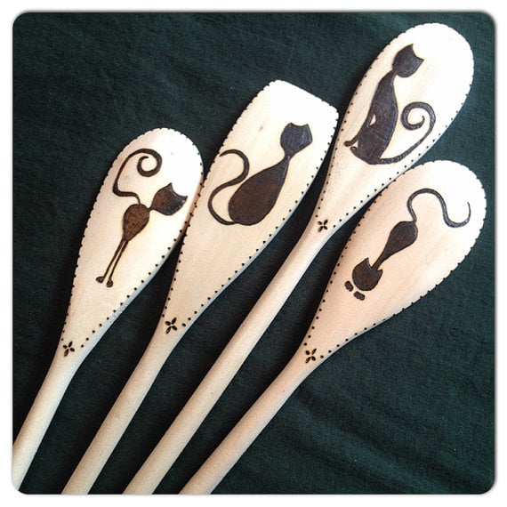 Custom Wood Burned Spoons, Swanky Cats ($20+)