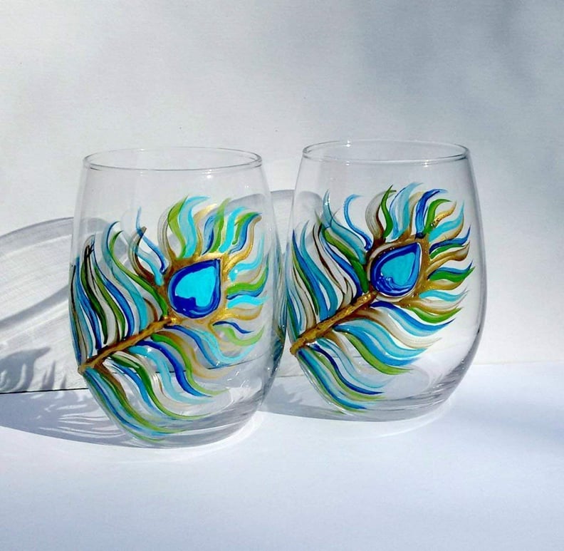 Atkinson Creations 2 Peacock Feather Painted Stemless Wine Glasses
