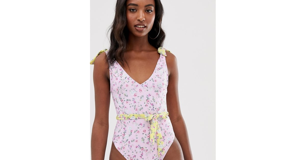 ASOS Recycled TieShoulder Belted Swimsuit in Pretty Pastel Floral