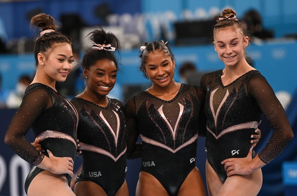 Sunisa Lee, Simone Biles, Jordan Chiles, and Grace McCallum at Tokyo 2021 Olympics Podium Training