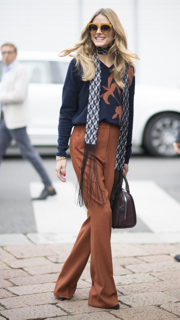 Hack: Meet your long pants with the perfect matching sweater, then wrap an unexpected printed scarf with tassels around your neck and grab your most luxurious satchel.