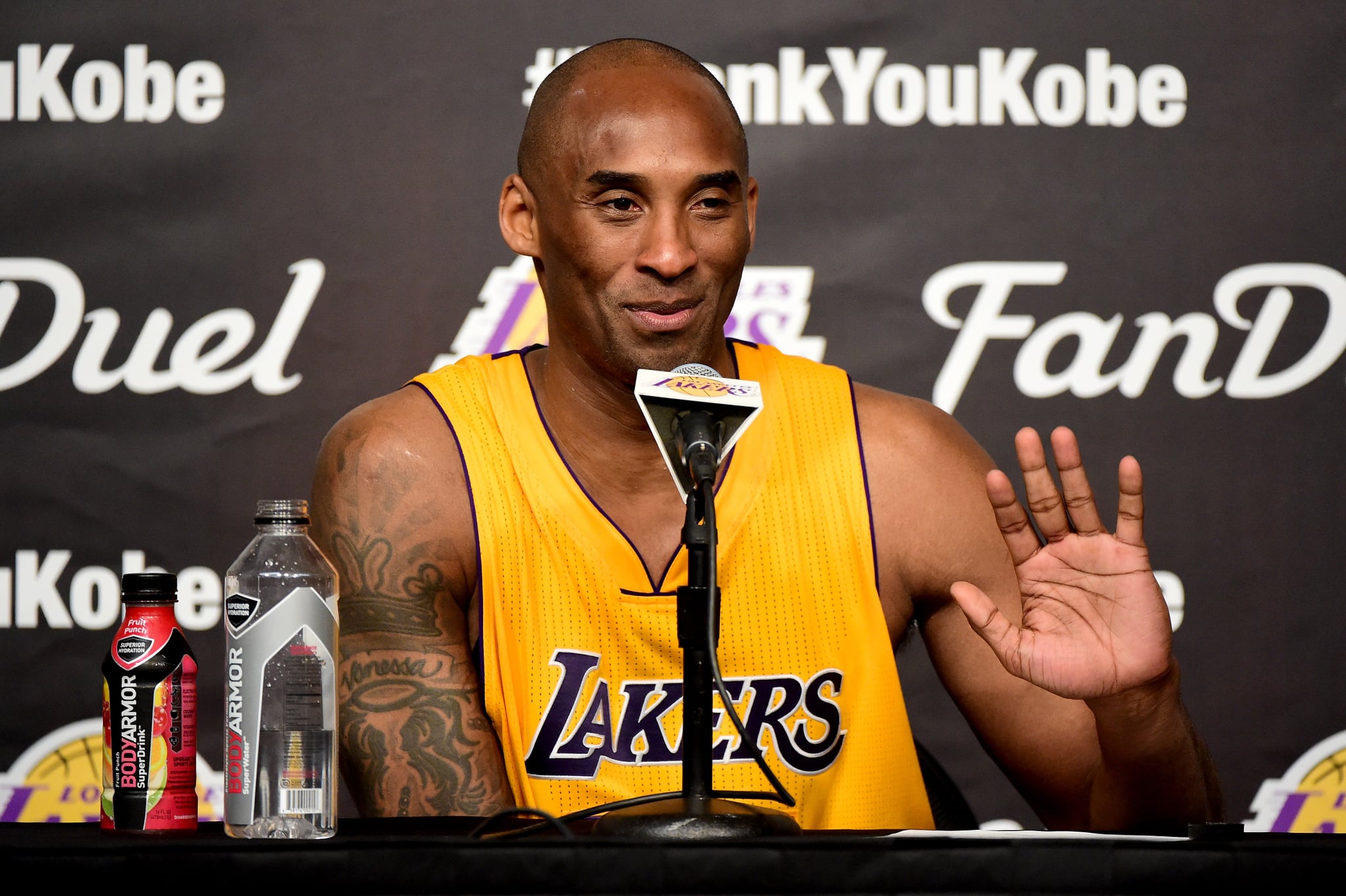 LOS ANGELES, CA - APRIL 13:  Kobe Bryant #24 of the Los Angeles Lakers address the media during the post game news conference after scoring 60 point in his final NBA game at Staples Centre on April 13, 2016 in Los Angeles, California. NOTE TO USER: User expressly acknowledges and agrees that, by downloading and or using this photograph, User is consenting to the terms and conditions of the Getty Images Licence Agreement.  (Photo by Harry How/Getty Images)