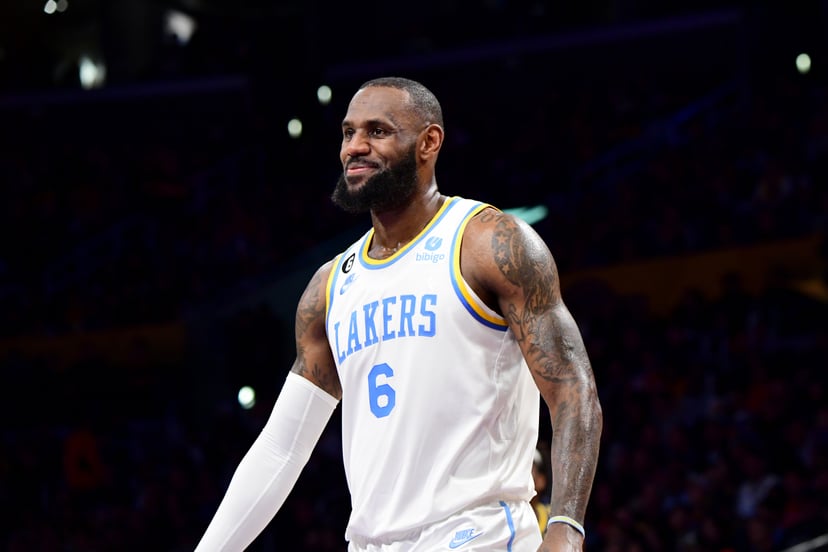 LOS ANGELES, CA - FEBRUARY 23: LeBron James #6 of the Los Angeles Lakers looks on during the game against the Golden State Warriors on February 23, 2023 at Crypto.Com Arena in Los Angeles, California. NOTE TO USER: User expressly acknowledges and agrees t