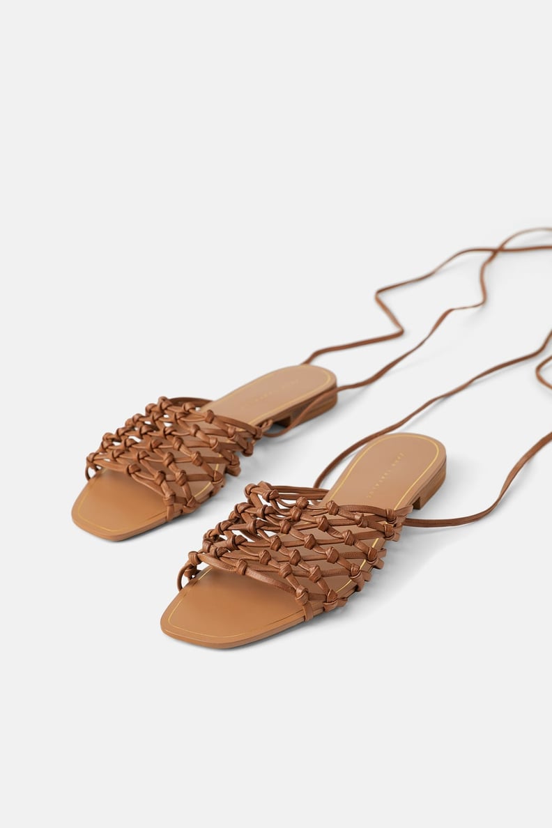 Braided Flat Leather Sandals With Ties