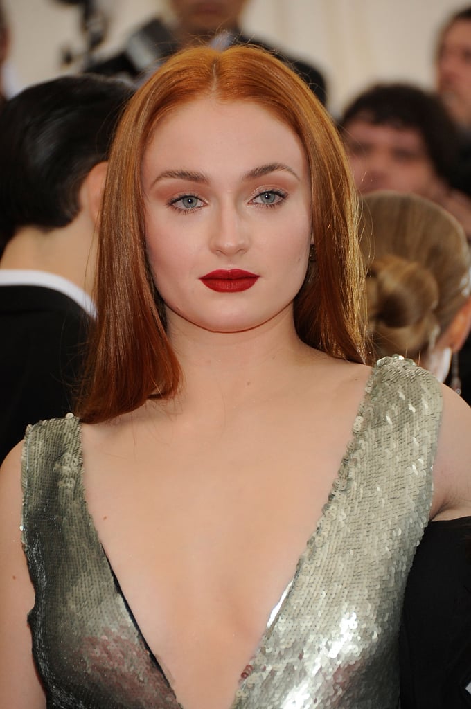 Sophie Turner's Straight Centre Part Hair and Red Lip, 2015