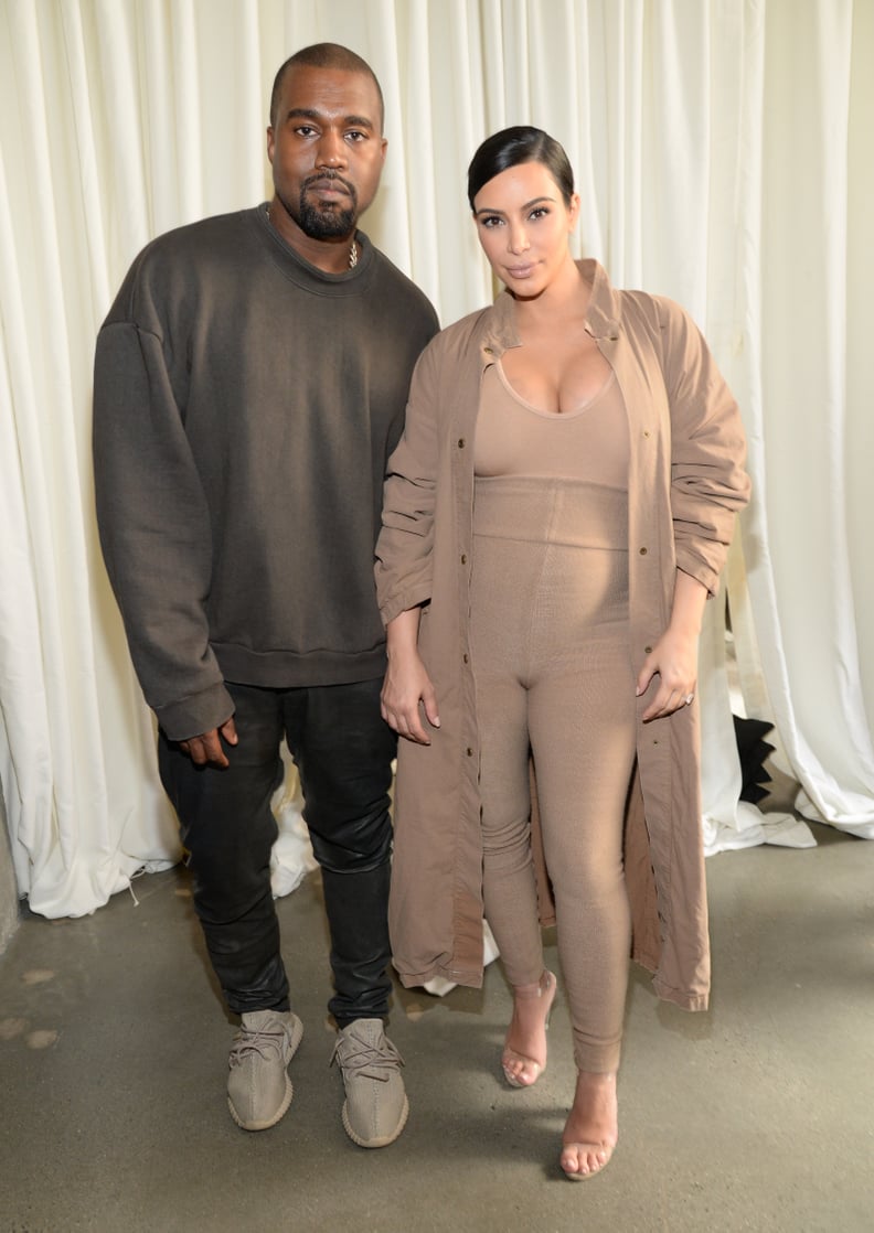 When Kim showed off her baby bump in a beige jumpsuit, but Kanye kept covered in a oversize sweatshirt.