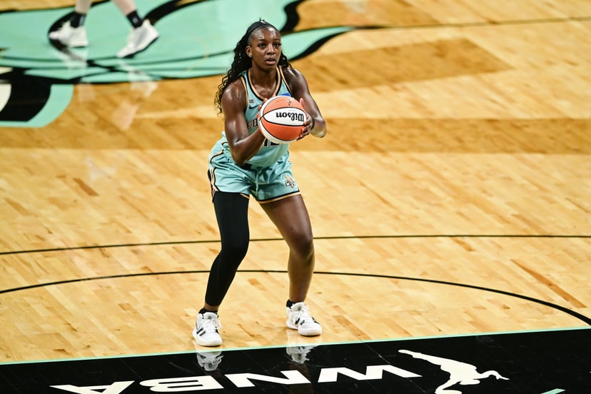 NEW YORK, NEW YORK - JUNE 24:  Michaela Onyenwere #12 of the New York Liberty attempts a free throw against the Chicago Sky at Barclays Center on June 24, 2021 in New York City. (Photo by Steven Ryan/Getty Images)