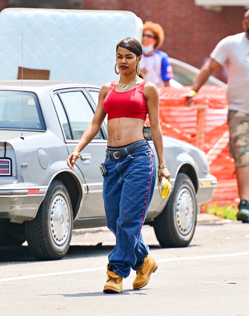 Lori Harvey Wearing a Bra and Vetements Low-Rise Jeans in LA