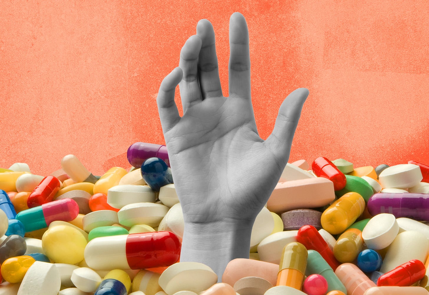 Collage style image of hand reaching up through a pile of pills.