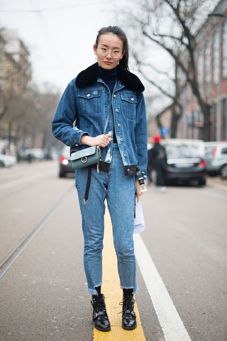 A Denim Jacket With a Furry Collar and Frayed Jeans