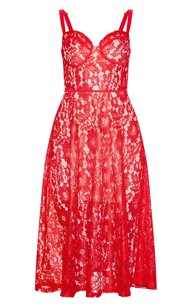 Red Lace Cup Detail Midi Dress