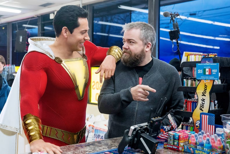 SHAZAM!, Zachary Levi (as Shazam), Director David F. Sandberg, on-set, 2019. ph: Steve Wilkie /  Warner Brothers / Courtesy Everett Collection