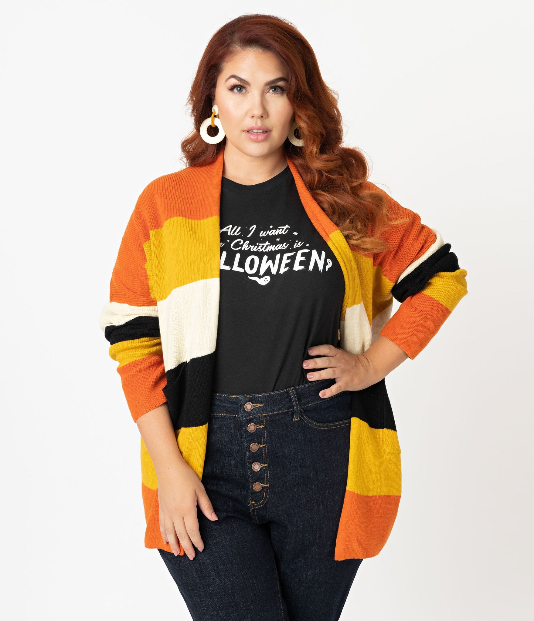 Plus-Size Fall-Stripe Open Cotton Knit Cardigan | If You're a Year