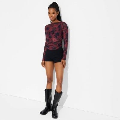 Wild Fable Women's Long Sleeve Mesh Top in Burgundy Floral