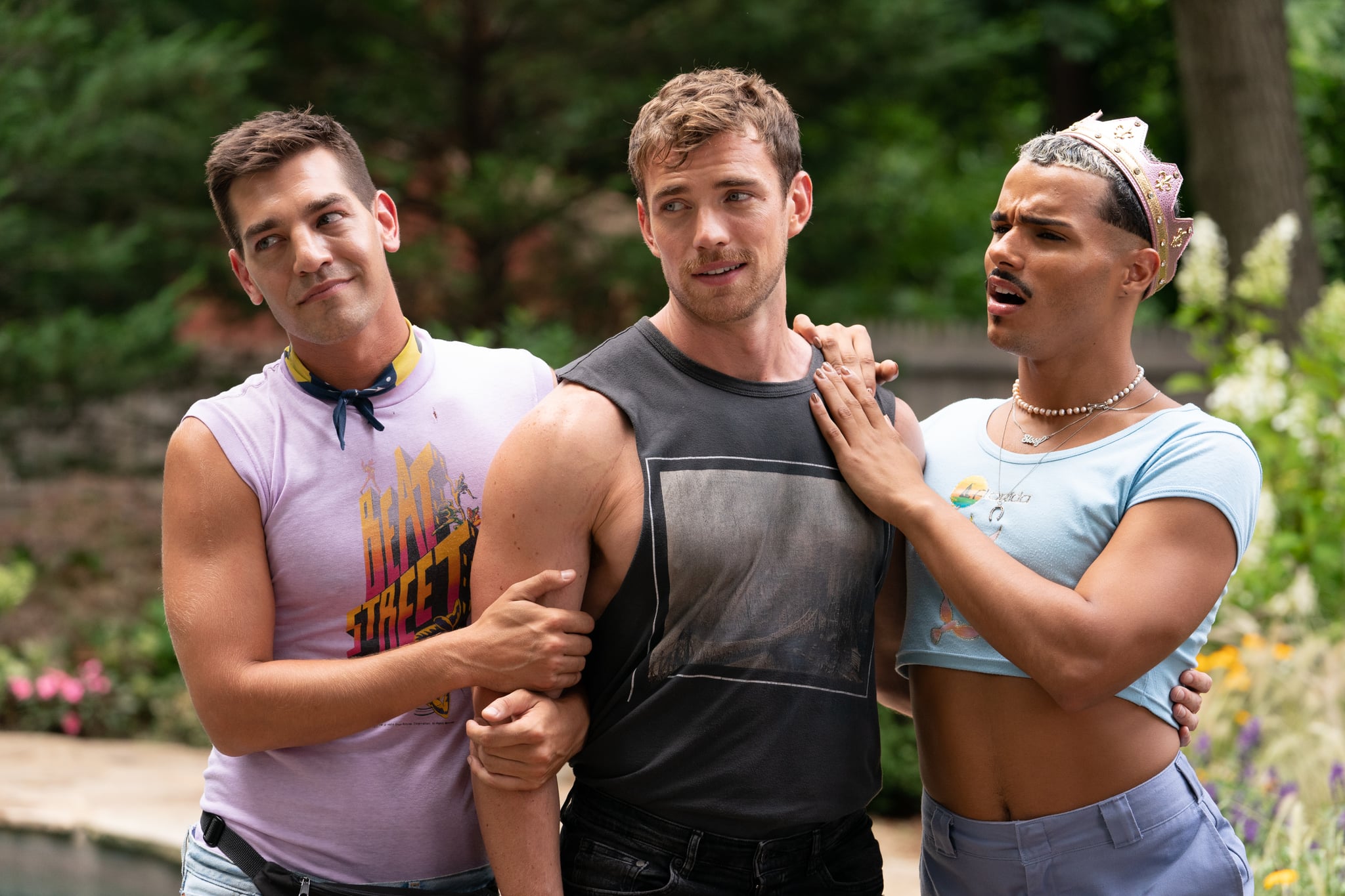 Matt Rogers, Zane Phillips and Tomas Matos in the film FIRE ISLAND. Photo by Jeong Park. Photo by Jeong Park. Courtesy of Searchlight Pictures. © 2022 20th Century Studios All Rights Reserved