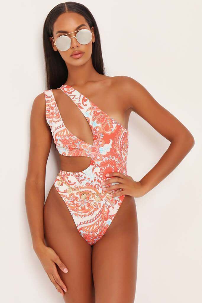 Winending Red And Orange Paisey Print One Shoulder Swimsuit
