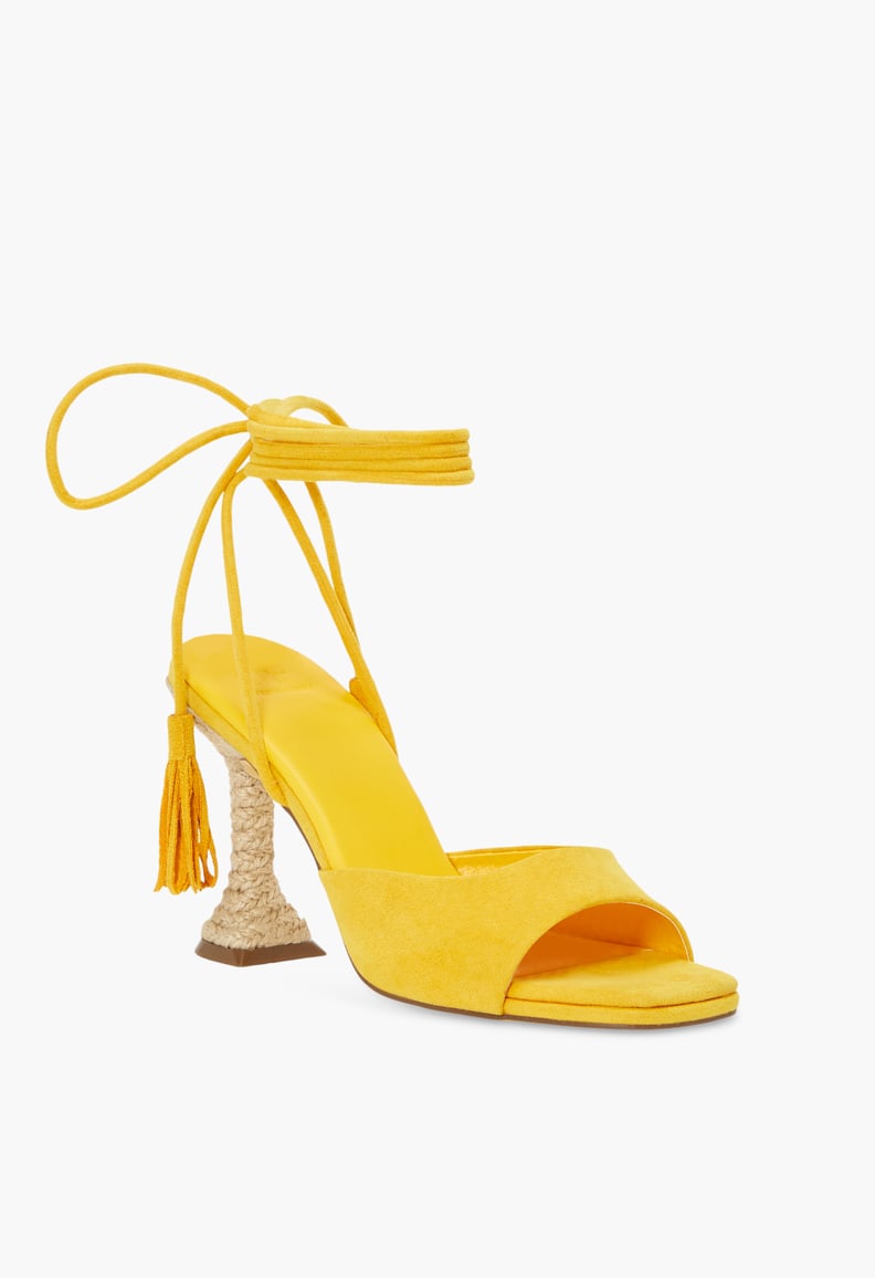 Ayesha Curry x JustFab Toni Ankle-Wrap Heeled Sandals in Golden Rod