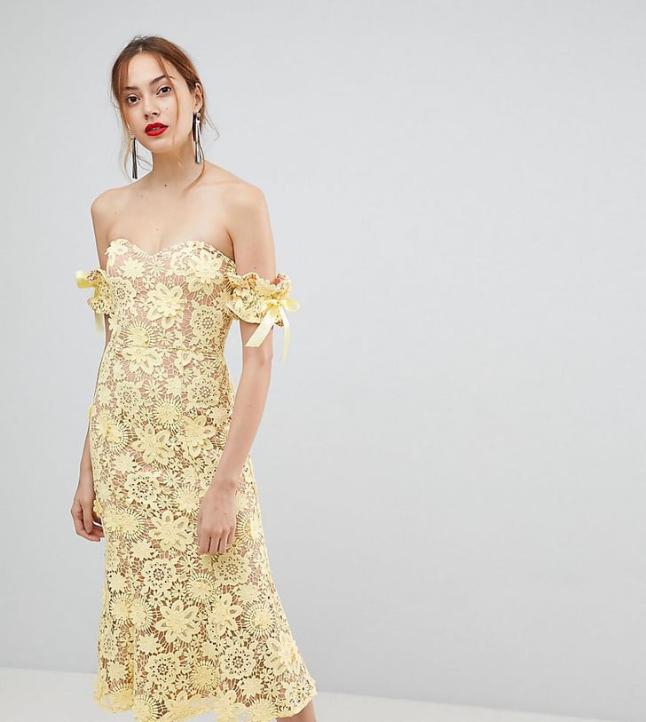 Jarlo Lace Bardot Midi Dress | Bella Mackie's Yellow Wedding Dress ...