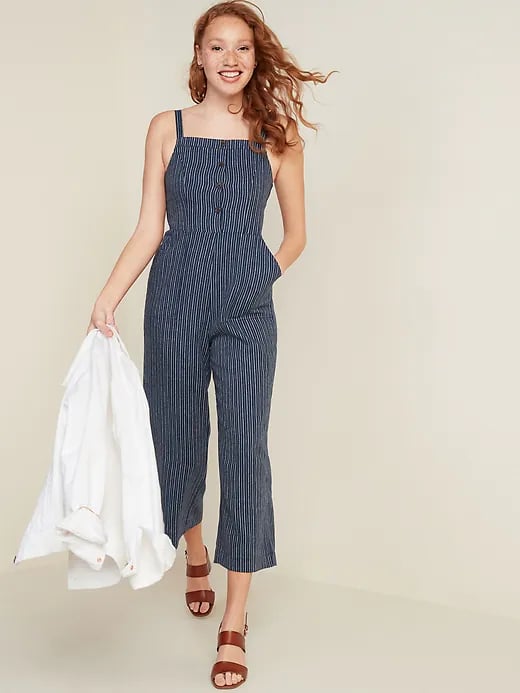 Old Navy Button-Front Linen-Blend Striped Cami Jumpsuit