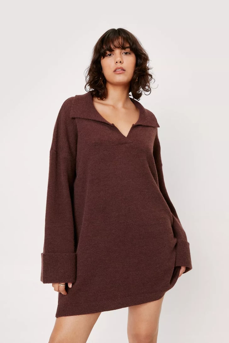 A Loose Fit Nasty Gal Wide Sleeve V Neck Collar Knit Jumper Dress