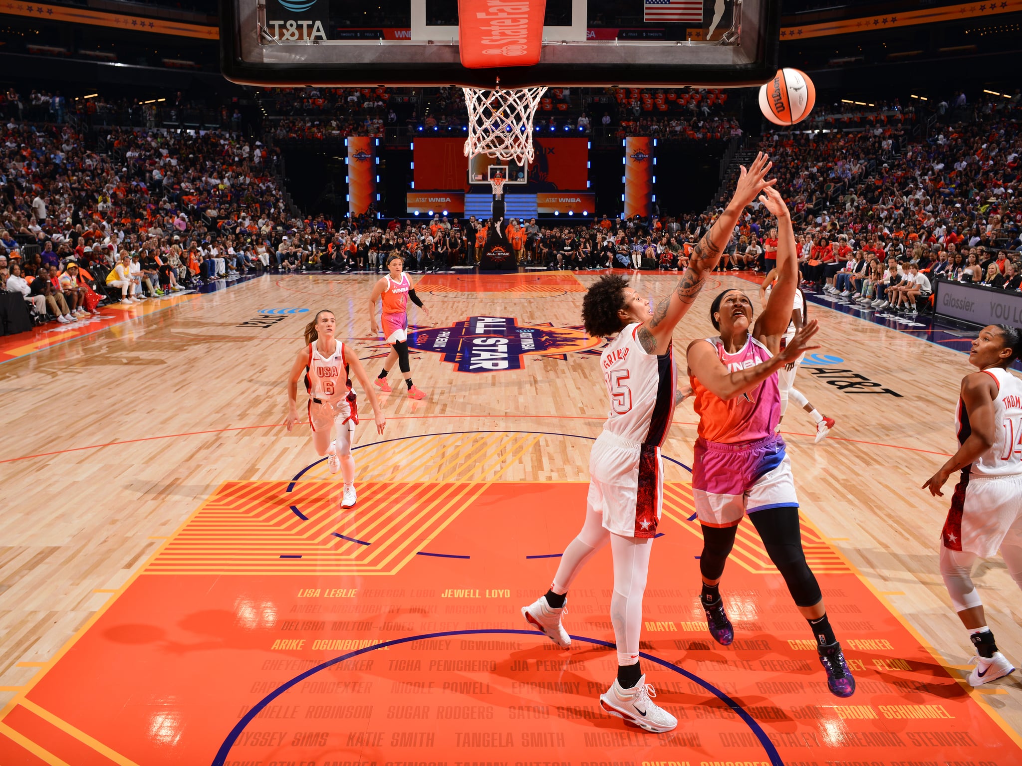PHOENIX, AZ - JULY 20: Brionna Jones #42 of Team WNBA drives to the basket during the game against the USA Basketball Women's National Team during the 2024 WNBA All Star Game on July 20, 2024 at Footprint Center in Phoenix, Arizona. NOTE TO USER: User expressly acknowledges and agrees that, by downloading and or using this photograph, user is consenting to the terms and conditions of the Getty Images License Agreement. Mandatory Copyright Notice: Copyright 2024 NBAE (Photo by Barry Gossage/NBAE via Getty Images)