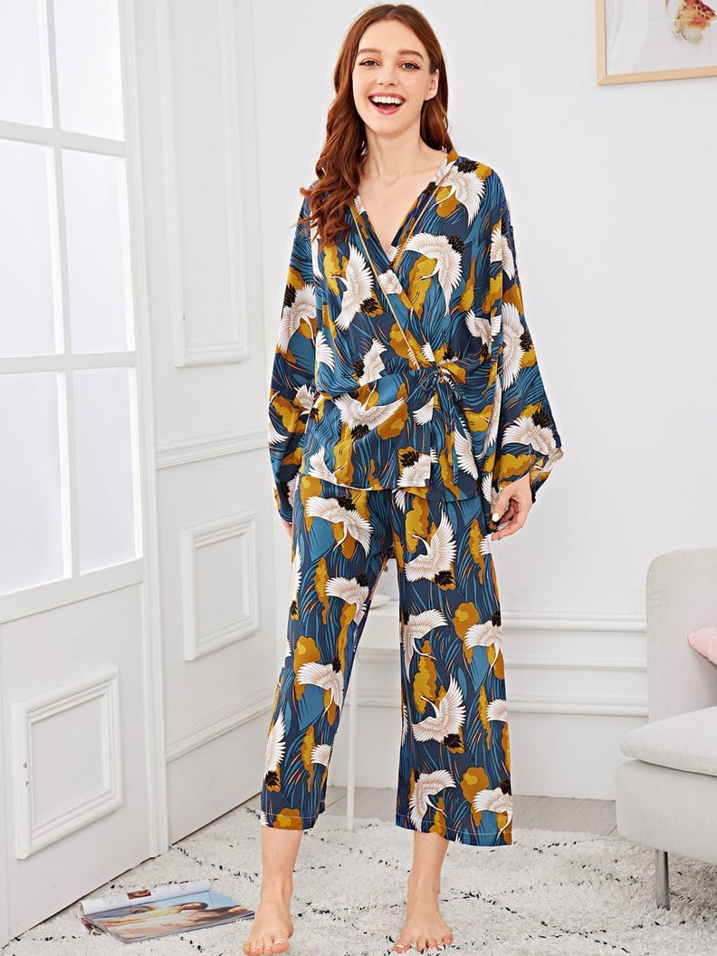 Shein Crane Print Wrap Pajama Set