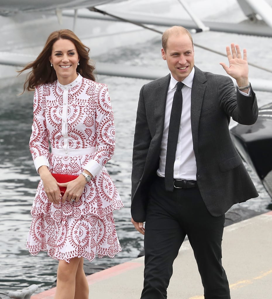 The dress featured an all-over feminine print, white piping, and a tiered skirt.
