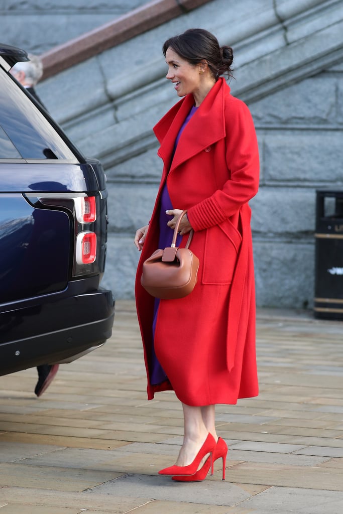 Meghan Markle Red and Purple Outfit Birkenhead January 2018