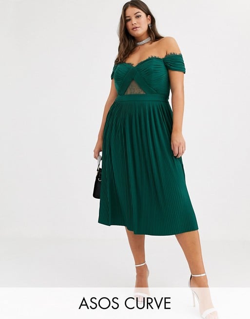 Asos Design Curve Lace And Pleat Bardot Midi Dress Olivia Munns Green Dress From Love Wedding