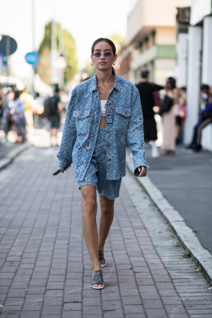 The double denim look balmy days? Bermuda shorts and an oversize jean jacket with a tank and sandals.