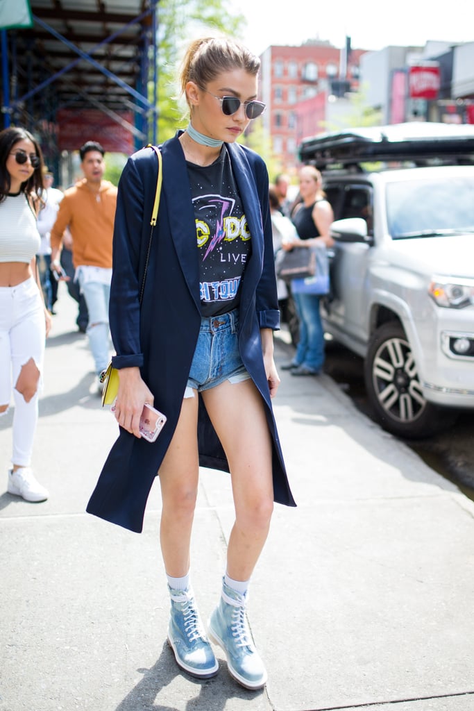 Gigi Wore Her Cutoffs and Duster Combo With a Graphic T-Shirt, High-Tops, and a Choker