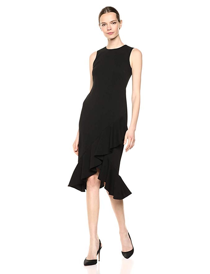 Calvin Klein Sleeveless Midi Sheath With Ruffle Hem Dress | Stylish ...