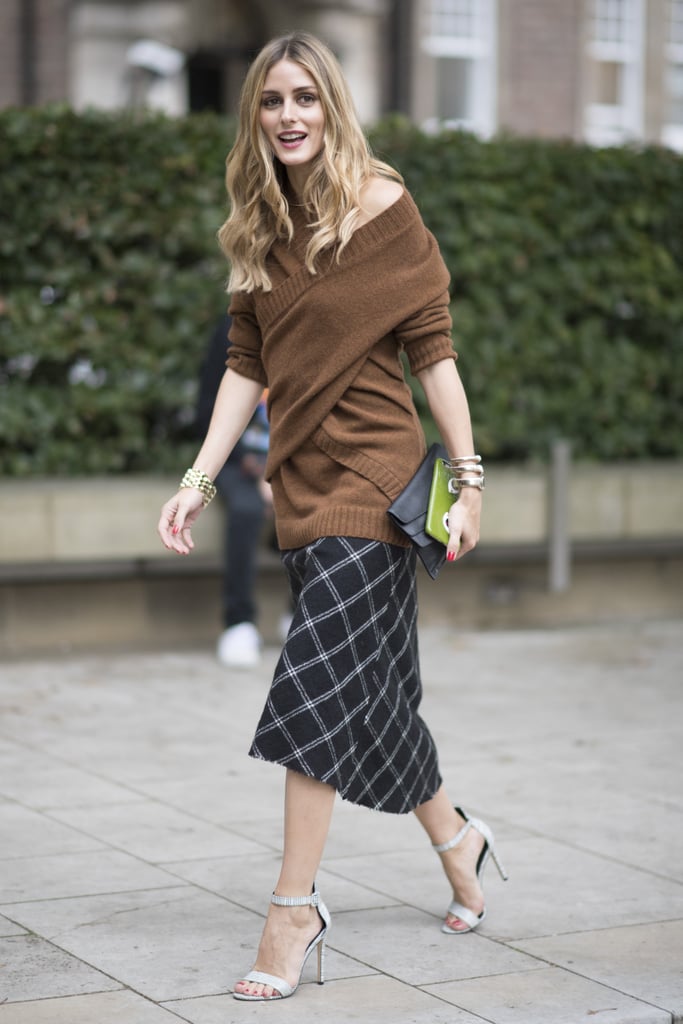 Hack: Dress up your coziest sweater with a skirt and heels for an unexpected outfit.