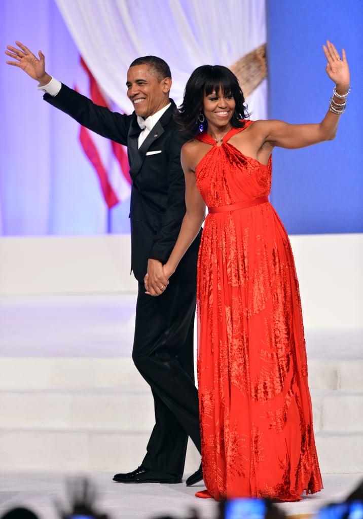 Wearing a Jason Wu dress, Jimmy Choo shoes, and a ring by Kimberly McDonald for the inaugural ball in 2013.