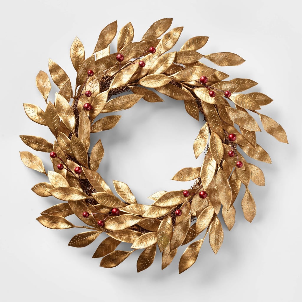 A Golden Wreath: Wondershop Unlit Gold Leaf with Red Berries Artificial Christmas Wreath