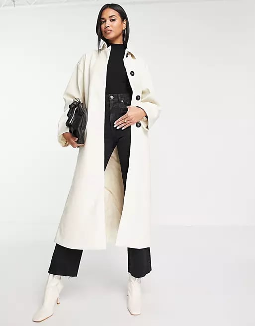 ASOS Design '90s Faux Leather Trench Coat in Cream