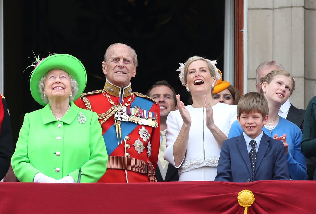 Queen Elizabeth enjoyed Trooping the Colour in 2016 with her youngest grandchildren, James, Viscount Severn, and Lady Louise Windsor.