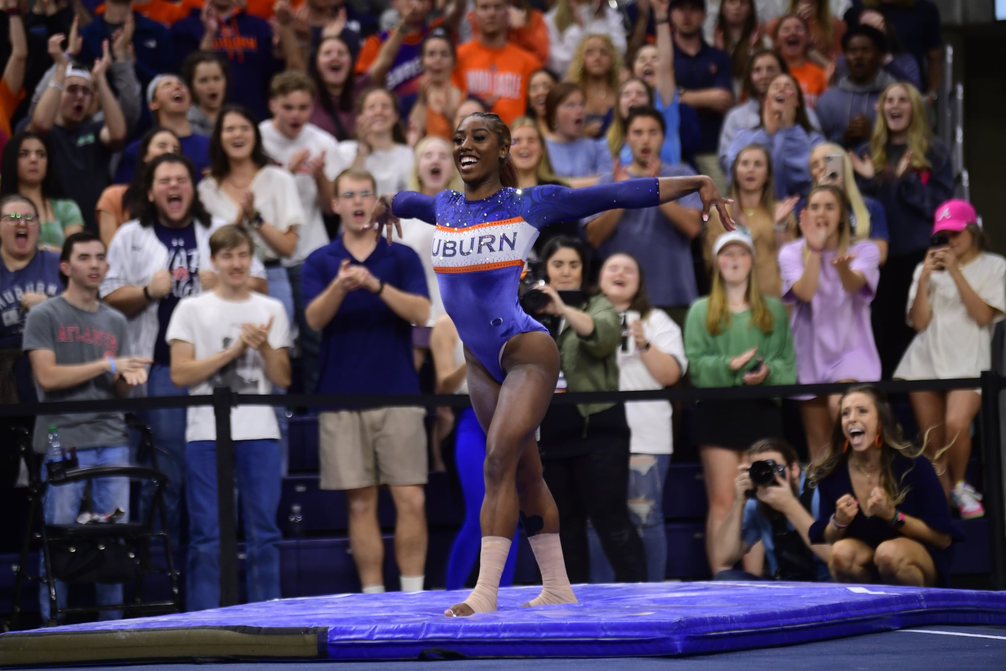 Derrian Gobourne of Auburn University gymnastics scores her first collegiate perfect 10 on floor on March 4 against the Florida Gators.