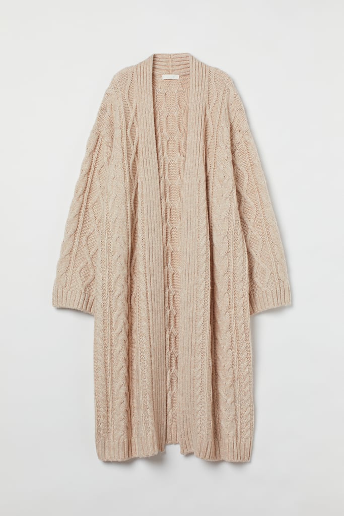 Long Cable-Knit Open Cardigan