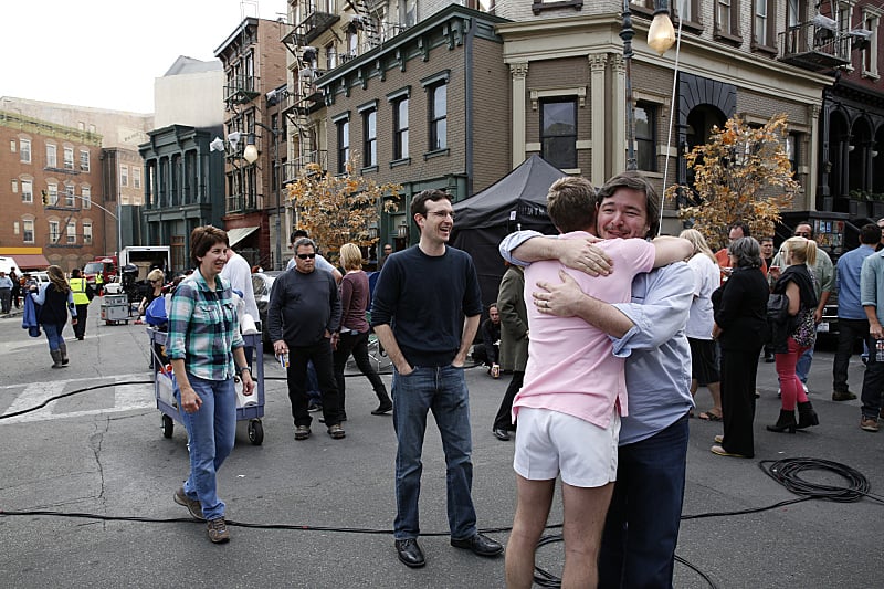 The crew hugged at the end of filming on How I Met Your Mother's outdoor set.