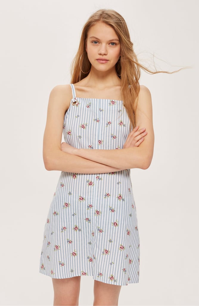Stripe Floral Mini Pinafore Dress Best Cotton