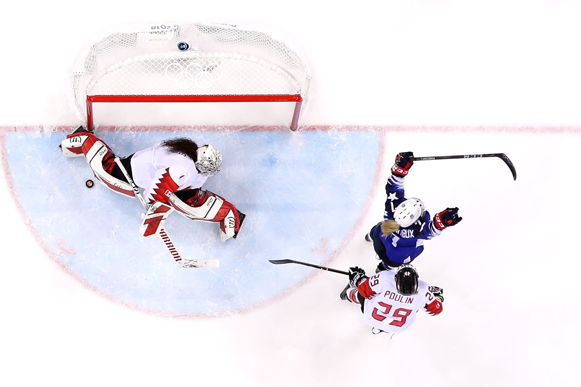 GANGNEUNG, SOUTH KOREA - FEBRUARY 22:  Monique Lamoureux-Morando #7 of the United States reacts after scoring a goal against Shannon Szabados #1 of Canada in the third period during the Women's Gold Medal Game on day thirteen of the PyeongChang 2018 Winter Olympic Games at Gangneung Hockey Centre on February 22, 2018 in Gangneung, South Korea.  (Photo by Bruce Bennett/Getty Images)