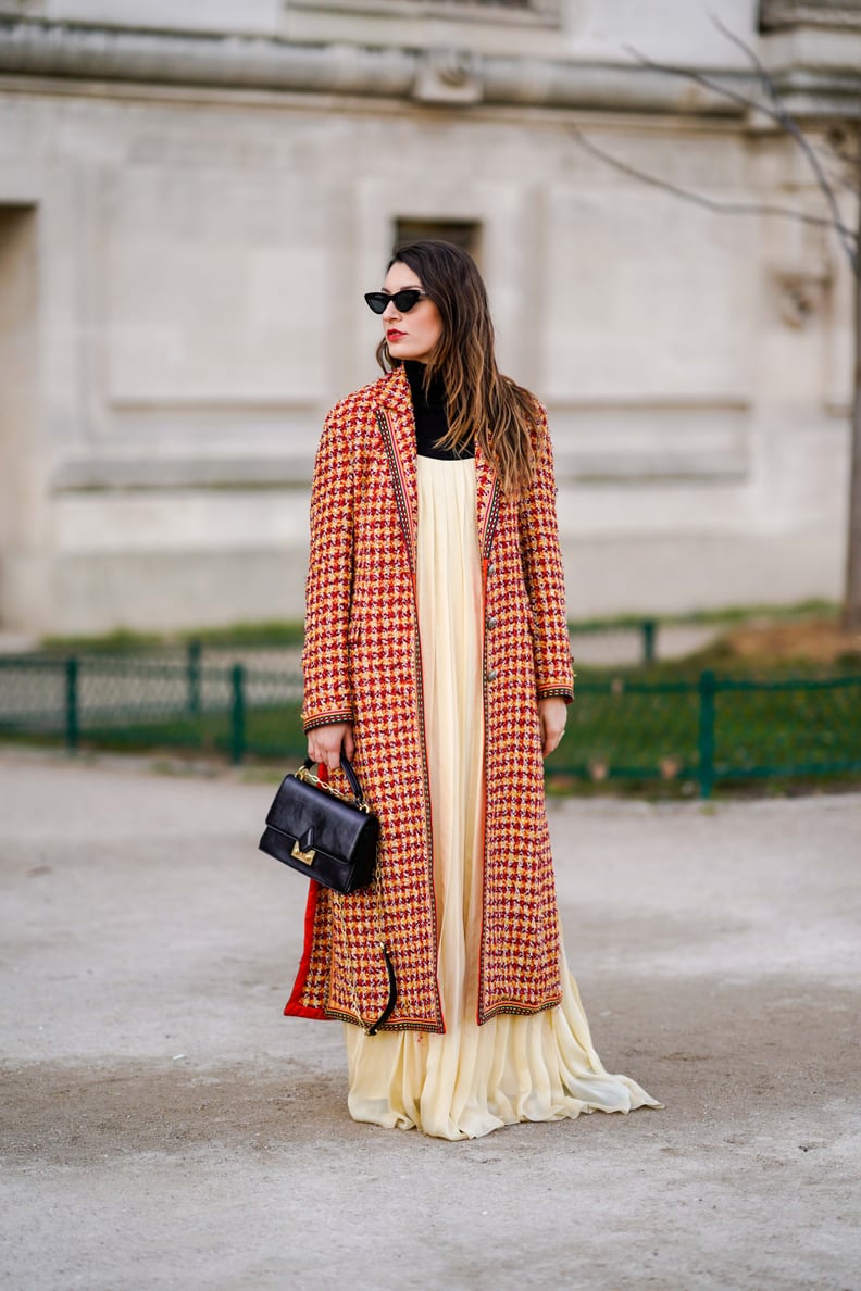 Layer a Turtleneck Under Your Maxi Dress and Top It Off With a Plaid Coat